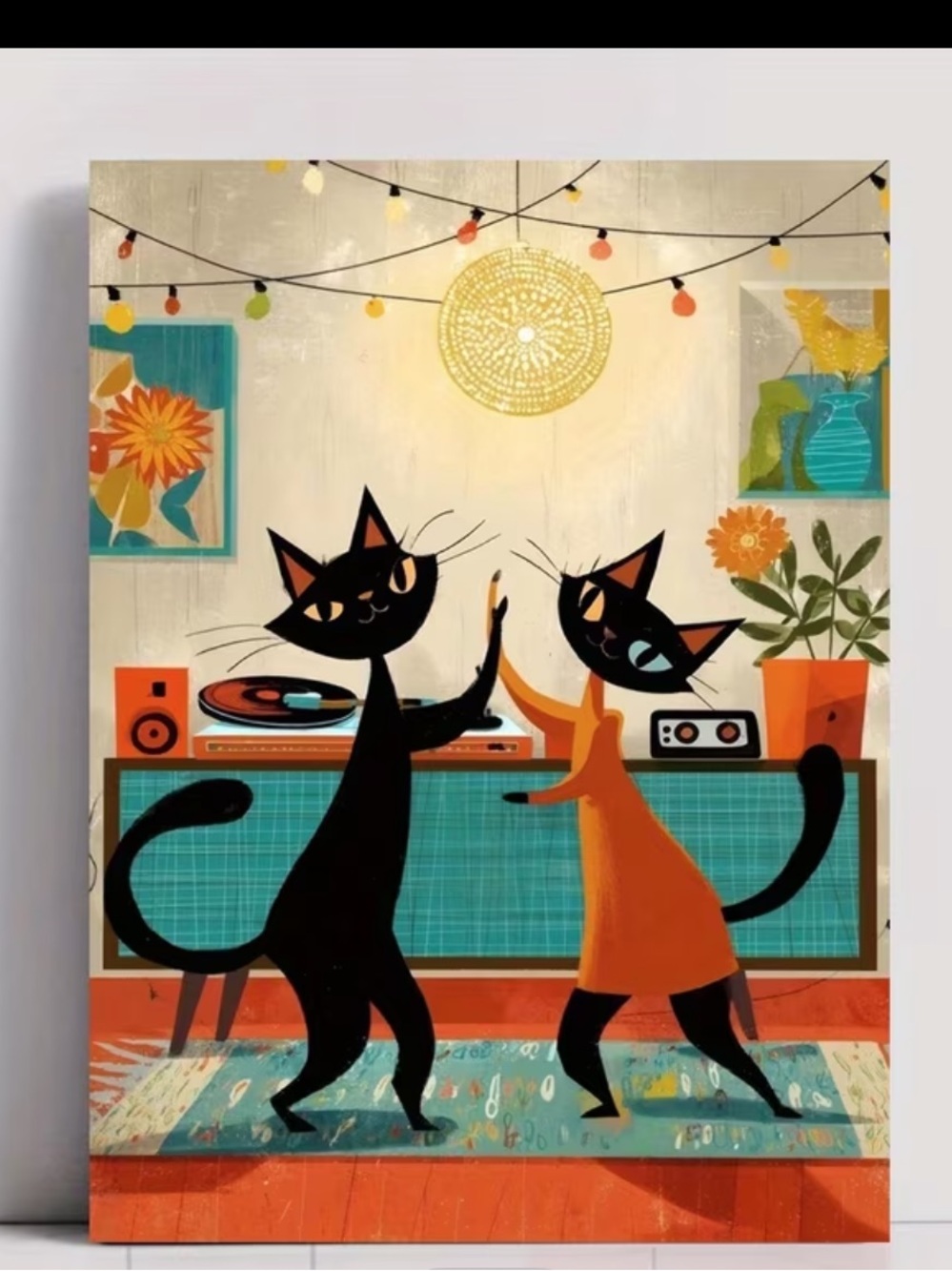 Retro Dancing Cats Wall Art Print - Black & Orange